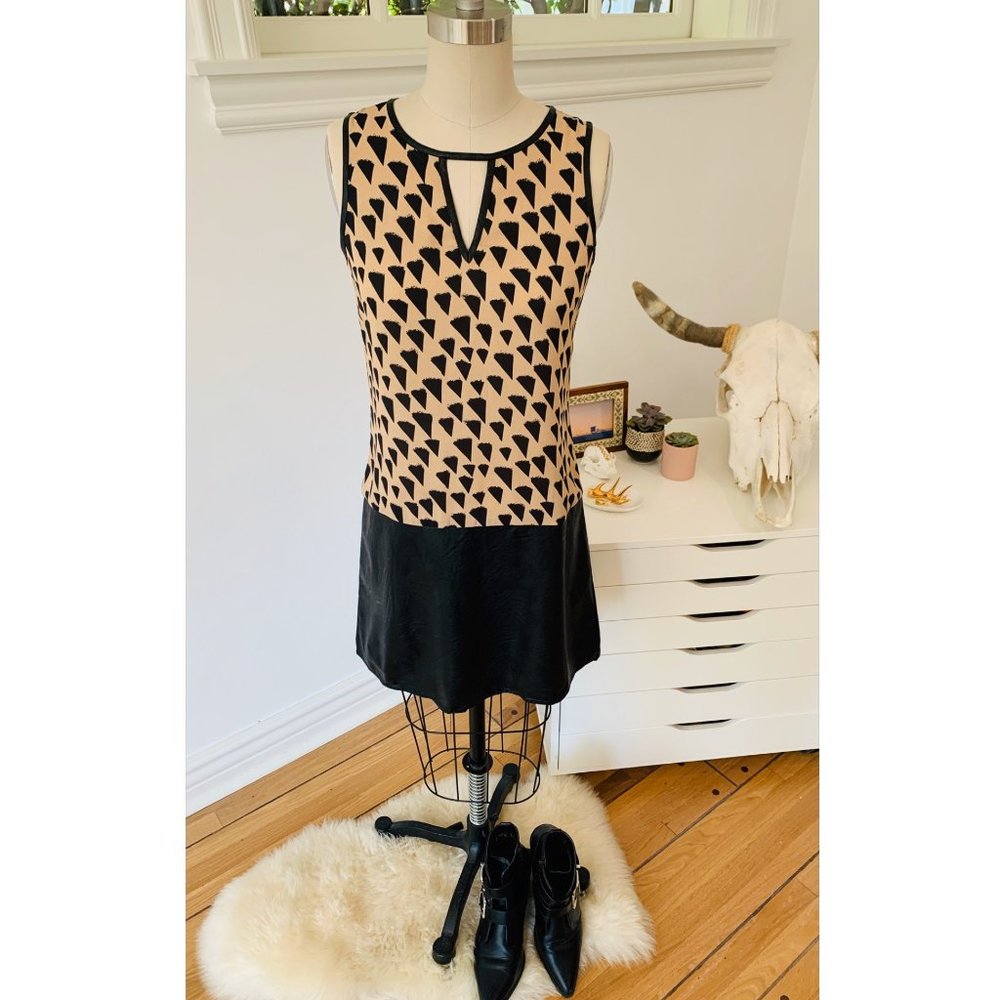 Printed mini dress with PU skirt details